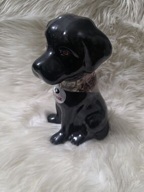 Black Ceramic Dog Figurine with Mossy Oak Collar - Decorative Pet Statue